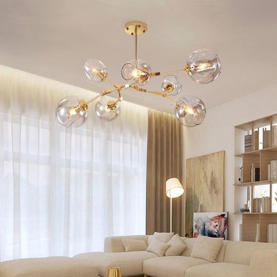 Gold Dimpled Glass Pendant Chandelier - Simplicity Cup Shade - 7 Bulb, Clear - for Dining Room