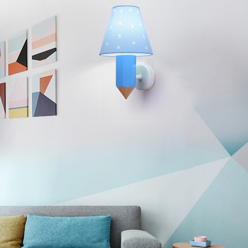 Blue Pencil Wall Light For Childs Bedroom - Modern Sconce With Tapered Shade