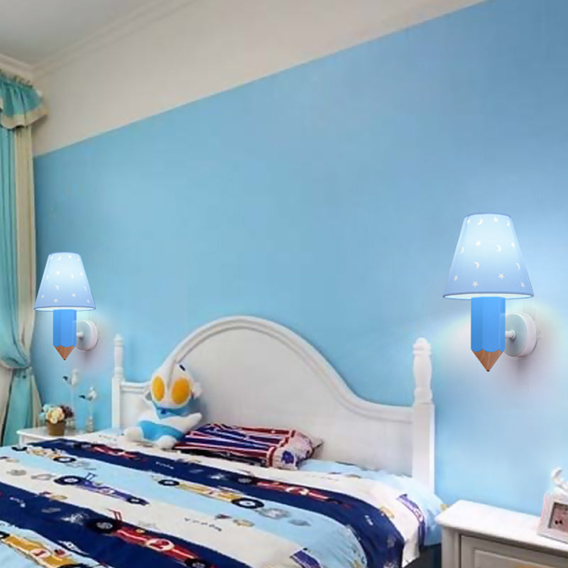 Blue Pencil Wall Light For Childs Bedroom - Modern Sconce With Tapered Shade