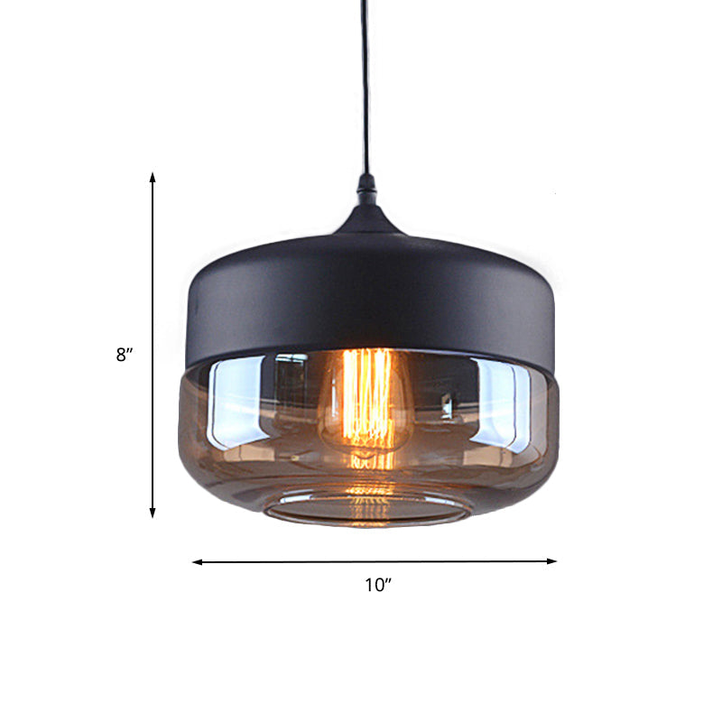 Industrial Cylinder Pendant Light with Brown Glass Shade - 1-Light Hanging Ceiling Fixture in Black, 5"/7"/8" Wide