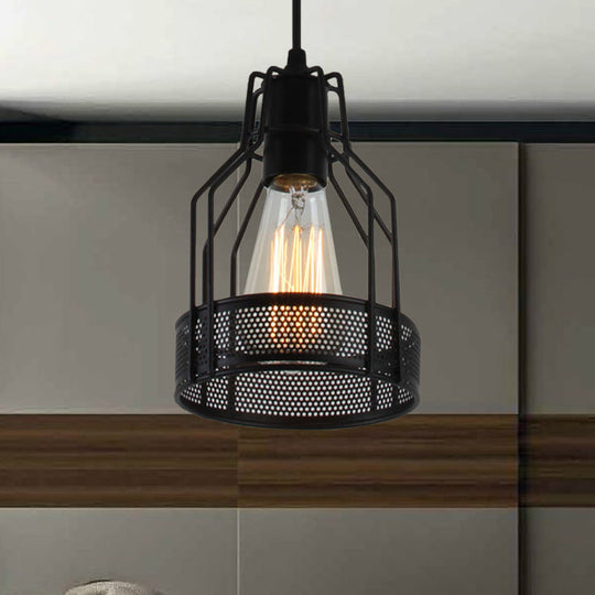 Vintage Industrial Pendant Lighting: Caged Restaurant Metal Fixture with Mesh Screen in Black