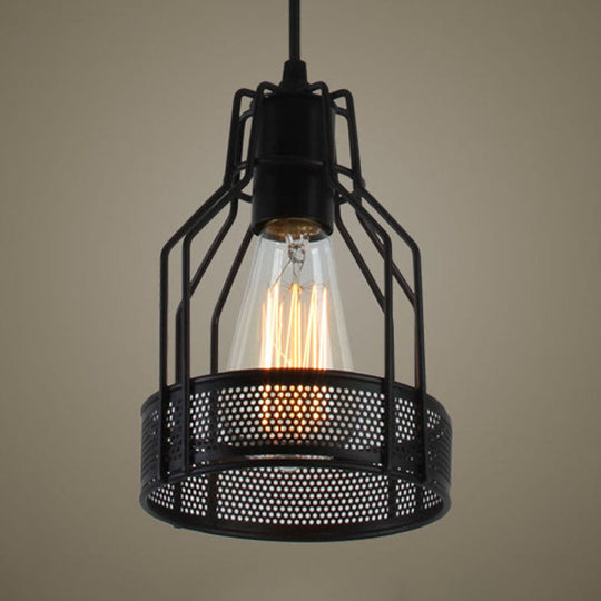 Industrial Metal Restaurant Pendant Light With Mesh Screen - Antique Black Hanging Fixture 1 Bulb