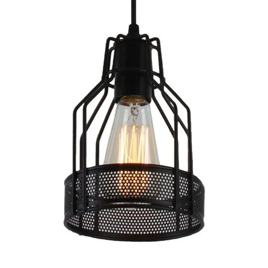 Vintage Industrial Pendant Lighting: Caged Restaurant Metal Fixture with Mesh Screen in Black