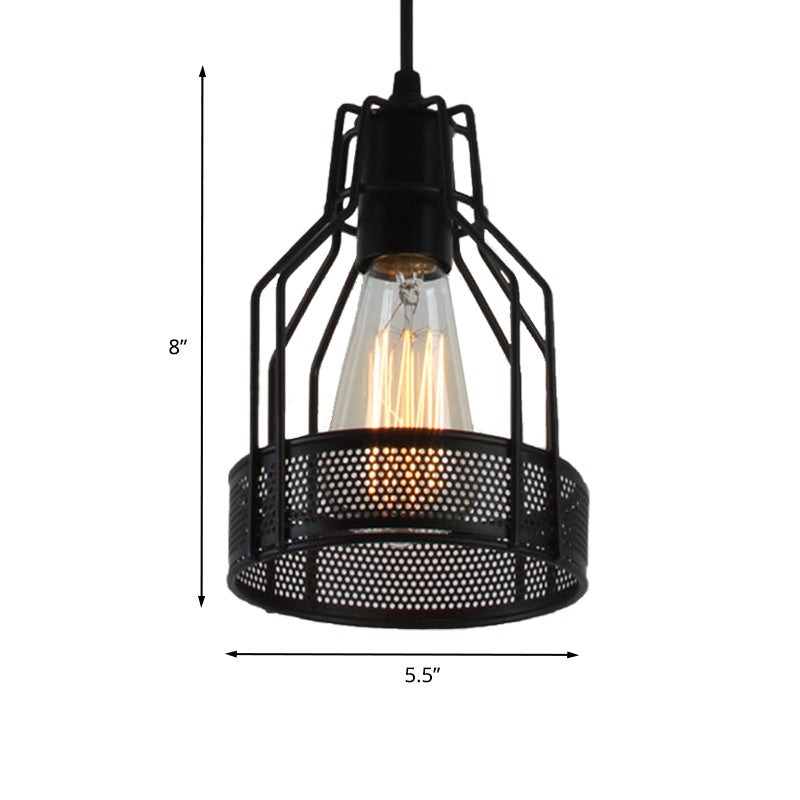 Industrial Metal Restaurant Pendant Light With Mesh Screen - Antique Black Hanging Fixture 1 Bulb