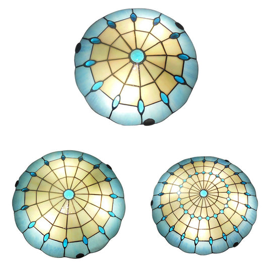 Tiffany Blue Dome Shade Flush Mount Ceiling Light With Jewel Decoration - Available In 12/16/19.5