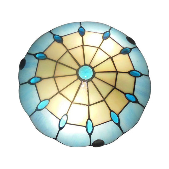 Tiffany Blue Dome Shade Flush Mount Ceiling Light With Jewel Decoration - Available In 12/16/19.5