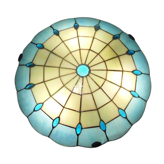 Plafonnier encastré à abat-jour en forme de dôme bleu Tiffany avec décoration en pierre précieuse - Disponible en largeur de 12"/16"/19,5" - Parfait pour la chambre à coucher