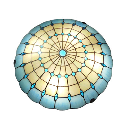 Plafonnier encastré à abat-jour en forme de dôme bleu Tiffany avec décoration en pierre précieuse - Disponible en largeur de 12"/16"/19,5" - Parfait pour la chambre à coucher