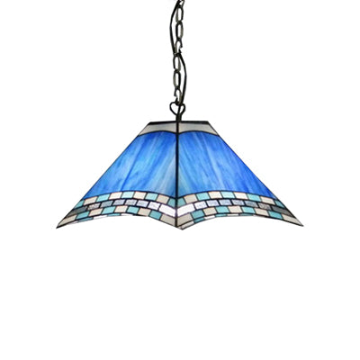 Mediterranean Stained Glass Pyramid Pendant Light - Blue Single Bulb - 11.5"/18" Width - Multicolored - Kitchen Hanging Lamp