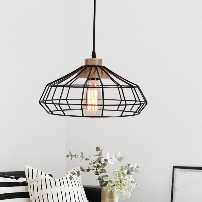 Modern Caged Pendant Light with Wooden Cap - Black - Ideal for Dining Room