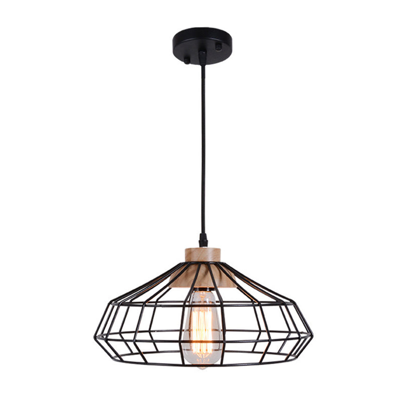 Modern Caged Pendant Light with Wooden Cap - Black - Ideal for Dining Room