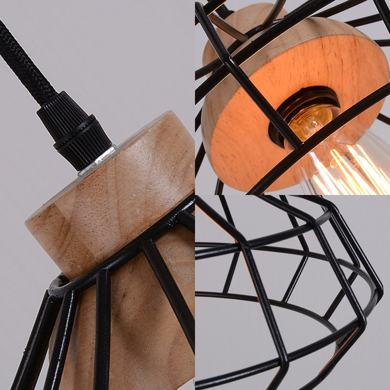 Modern Black Metal Pendant Light With Wooden Cap - Perfect For Dining Room