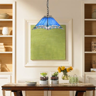 Mediterranean Multicolored Stained Glass Pendant Light - Blue Single Bulb 11.5/18 W Pyramid Design