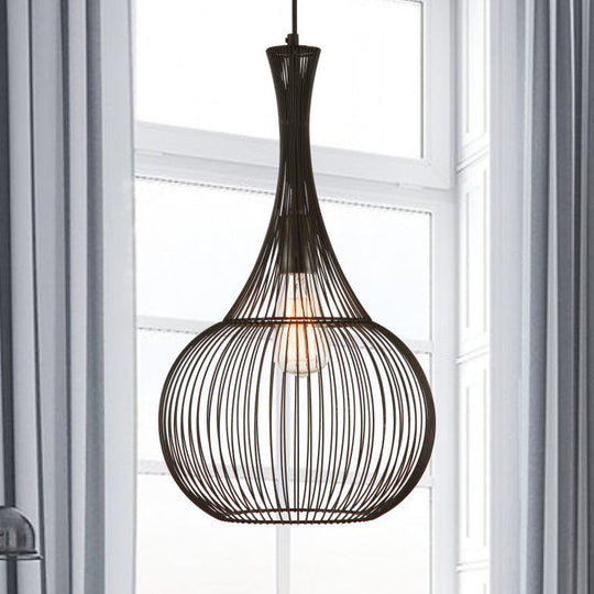 1-Light Teardrop Cage Pendant: Industrial Black Iron Ceiling Light For Living Room