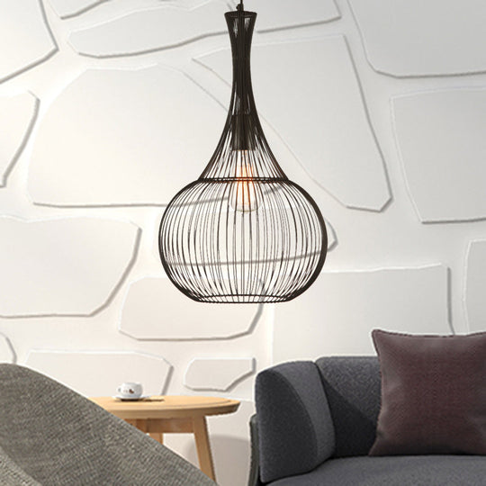 Teardrop Cage Pendant Light: Industrial Black Iron Ceiling Lighting for Living Room