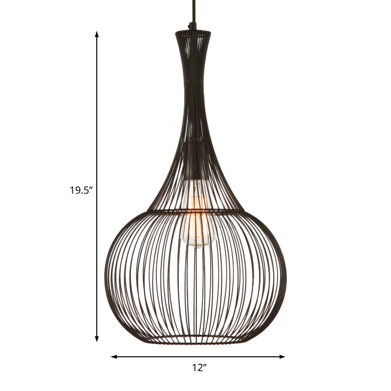 1-Light Teardrop Cage Pendant: Industrial Black Iron Ceiling Light For Living Room