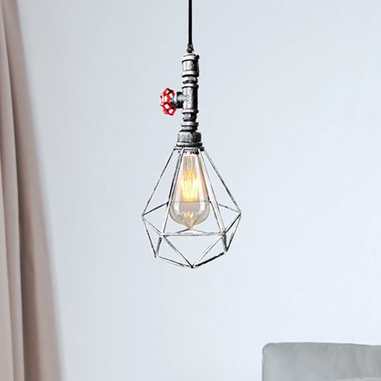 Village Diamond Metal Cage Pendant Light 1-Light Hanging Ceiling Fixture In Black/Weathered