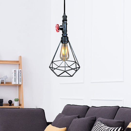 Village Diamond Metal Cage Pendant Light 1-Light Hanging Ceiling Fixture In Black/Weathered