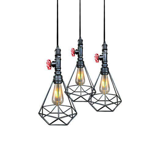 Village Diamond Metal Cage Pendant Light 1-Light Hanging Ceiling Fixture In Black/Weathered