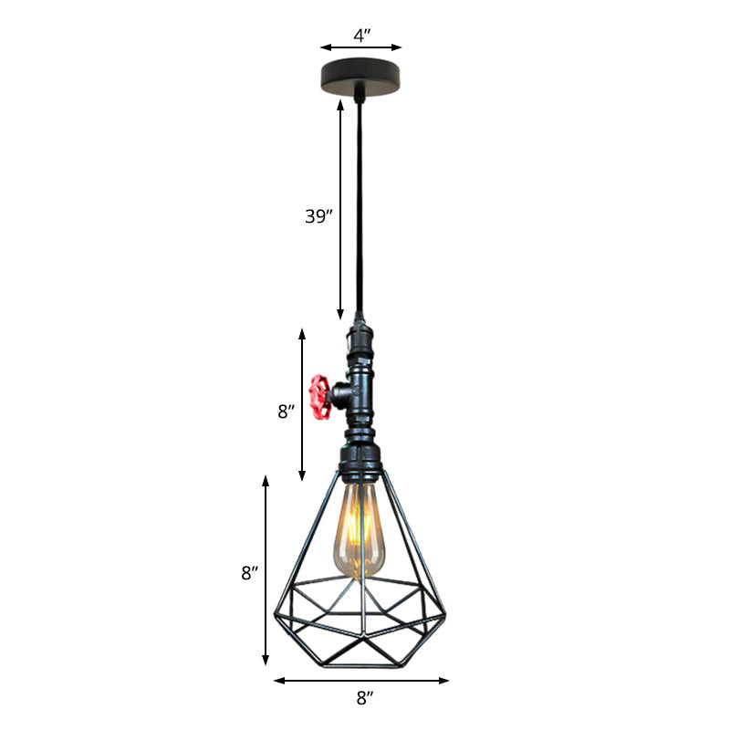 Village Diamond Metal Cage Pendant Light 1-Light Hanging Ceiling Fixture In Black/Weathered