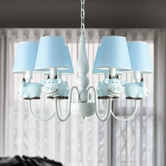 6-Light Cartoon Animal Pendant Chandelier For Nursing Room - Resin With Tapered Shade Blue / B