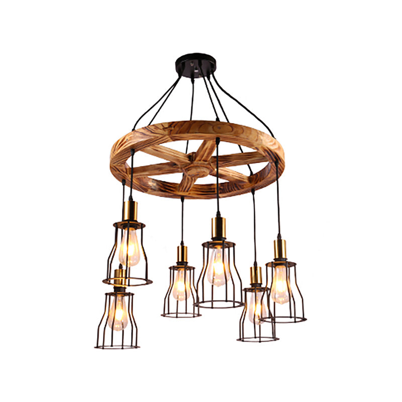 Industrial Wood Bell Cage Pendant Light with Brass Accents - 3/6 Lights for Living Room