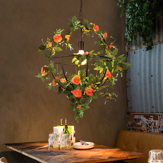 1-Light Hanging Pendant With Flower Basket Iron - Contemporary Black Restaurant Fixture