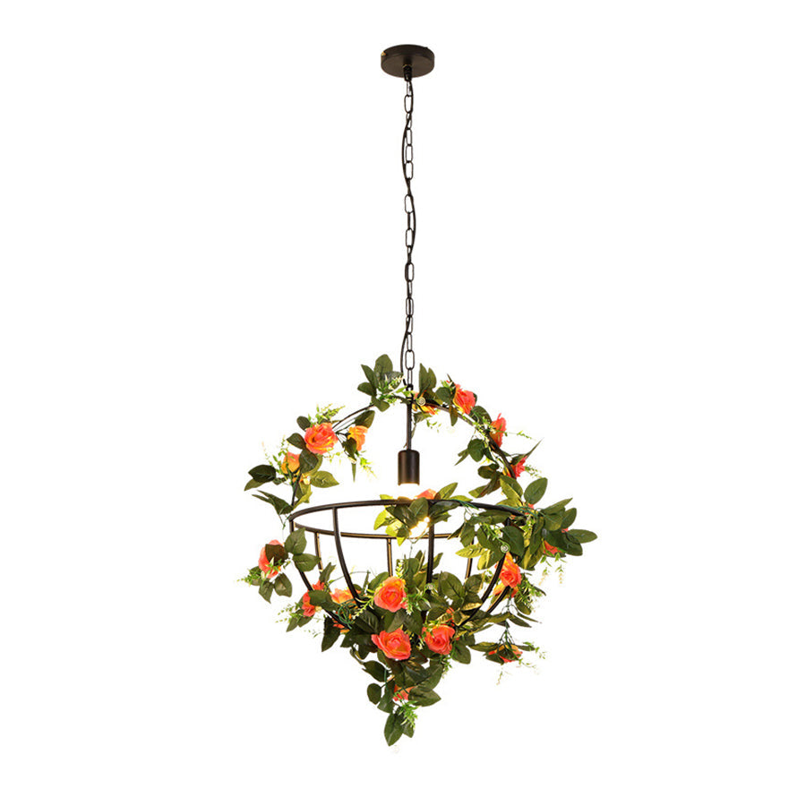 Modern Hanging Pendant Light with Flower Basket Design, 1-Light Black Iron Fixture for Restaurants