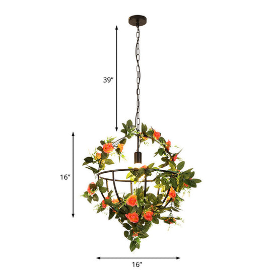 1-Light Hanging Pendant With Flower Basket Iron - Contemporary Black Restaurant Fixture