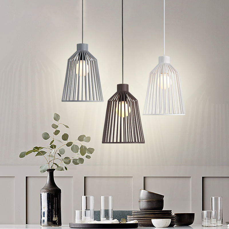 Nordic Style 1-Light Pendant Fixture in Grey/White/Coffee for Kitchen Island - Bell Wire Cage Design