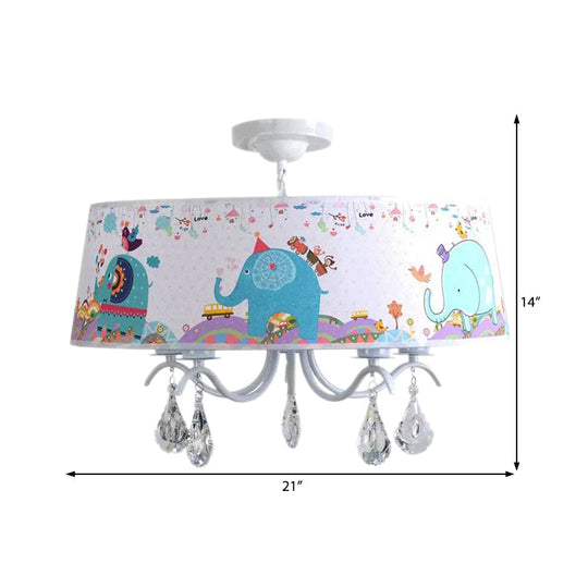 Elephant Crystal Drum Pendant Light: White 5-Light Chandelier For Kids Bedroom