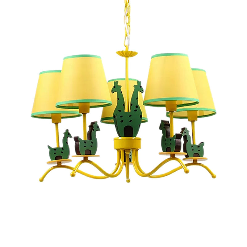 Yellow Cartoon Wood Giraffe Chandelier Light For Living Room With Tapered Shade