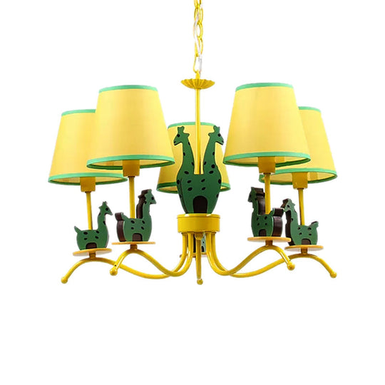 Yellow Cartoon Wood Giraffe Chandelier Light For Living Room With Tapered Shade