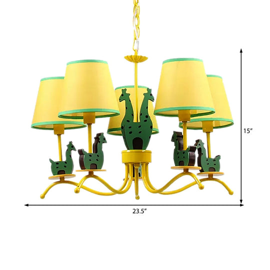 Yellow Cartoon Wood Giraffe Chandelier Light For Living Room With Tapered Shade