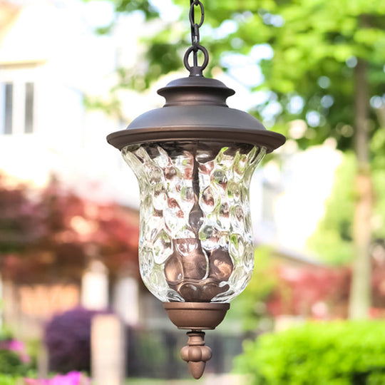 Antique Style 3-Light Pendant With Dimpled Glass Shade - Dark Gray Metal Outdoor Hanging Lamp Grey