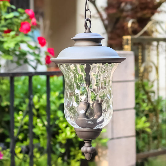 Antique Style 3-Light Pendant With Dimpled Glass Shade - Dark Gray Metal Outdoor Hanging Lamp