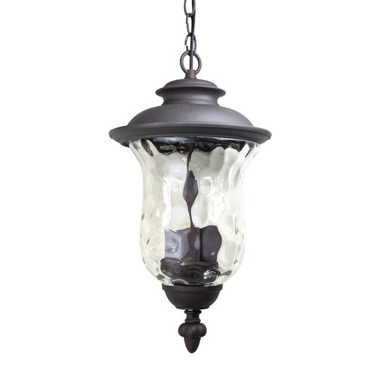 Antique Style Outdoor Pendant Light - 3-Light Dimpled Glass Shade, Metal Hanging Lamp in Dark Gray