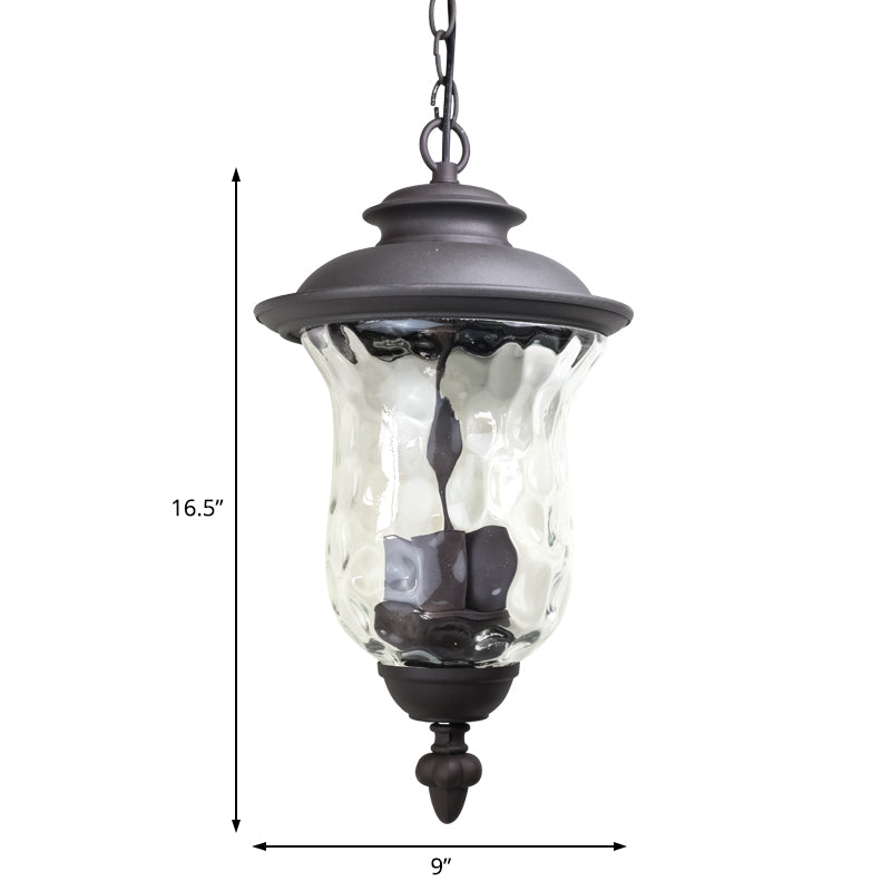 Antique Style Outdoor Pendant Light - 3-Light Dimpled Glass Shade, Metal Hanging Lamp in Dark Gray