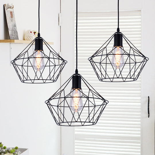 Modern 1-Light Pendant Fixture With Wire Cage - Black Metal Indoor Hanging Lamp