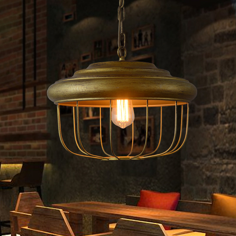 Hanging Pendant Light With Rustic Drum Shade - Antique Brass Finish For Farmhouse Ceiling