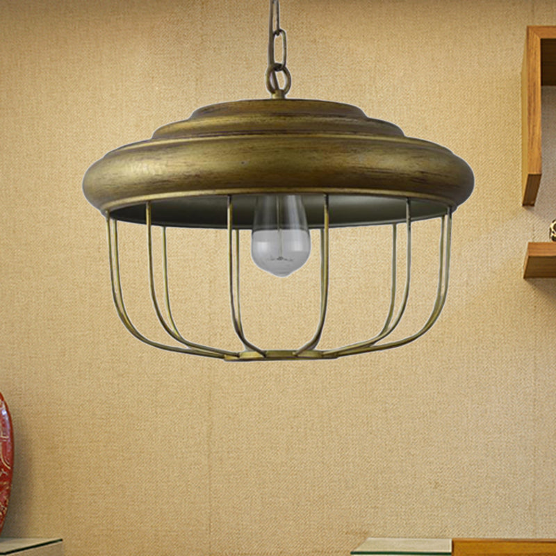 Hanging Pendant Light With Rustic Drum Shade - Antique Brass Finish For Farmhouse Ceiling