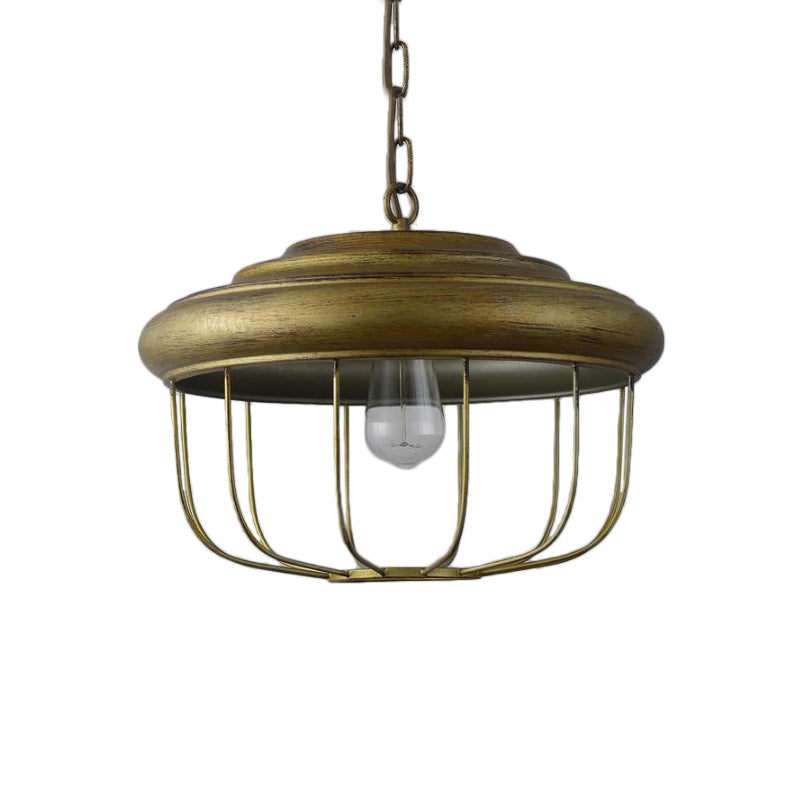 Hanging Pendant Light With Rustic Drum Shade - Antique Brass Finish For Farmhouse Ceiling