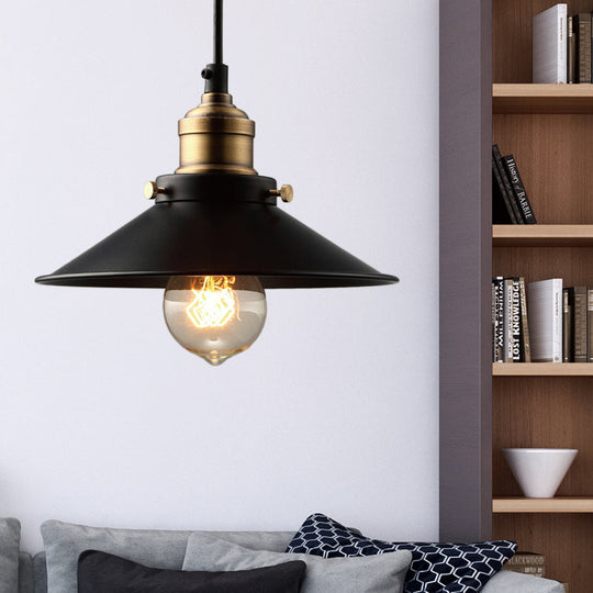 Industrial Black Metal Pendant Ceiling Light - Single Bulb Cone Design Living Room Hanging Lamp