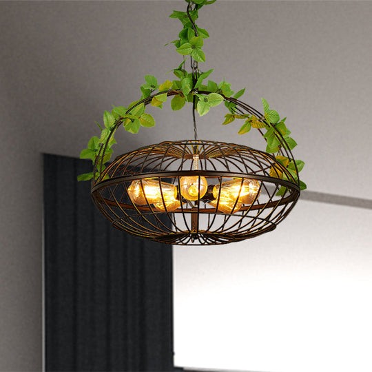 Metal Pendant Chandelier: 5-Bulb Industrial Black Basket-Cage Shade with Hanging Lamp and Plant – Ideal for Restaurants