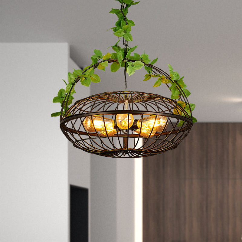 Metal Pendant Chandelier: 5-Bulb Industrial Black Basket-Cage Shade with Hanging Lamp and Plant – Ideal for Restaurants