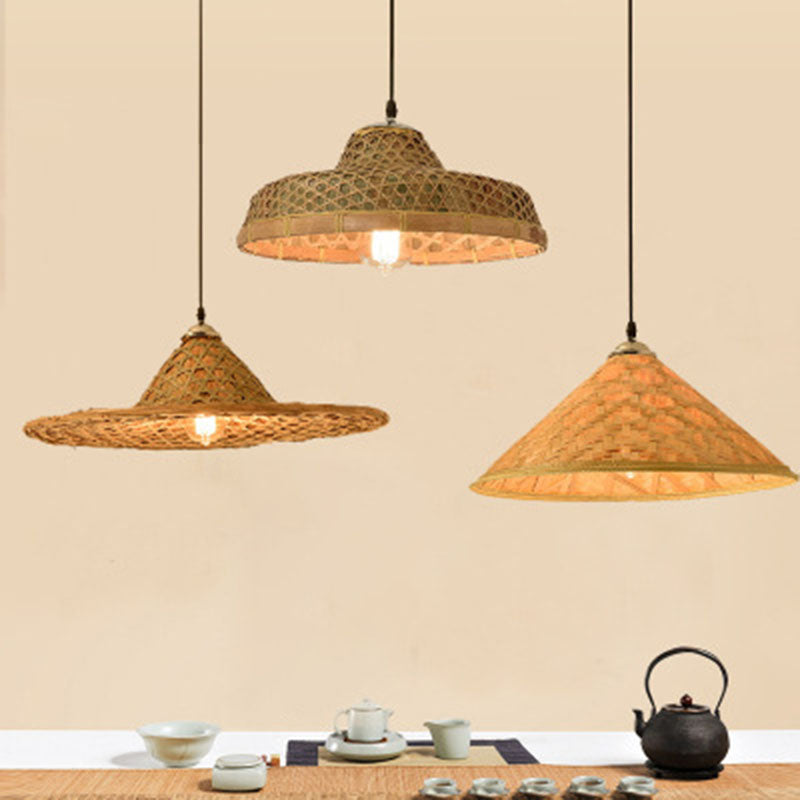 Asian Style Wood Straw Hat Pendant Lamp with Bamboo Hanging Light Fixture - 1 Bulb