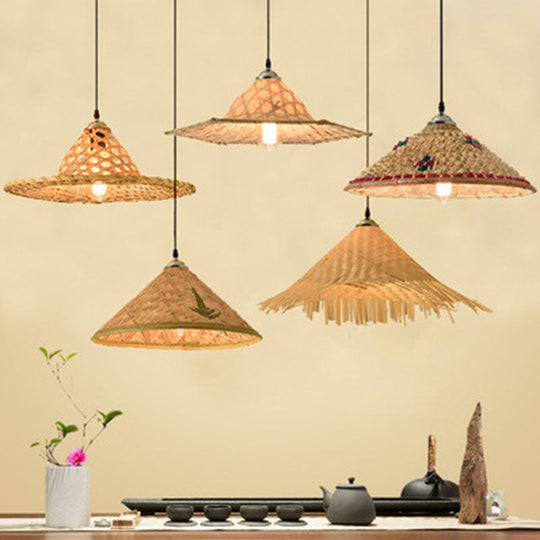 Asian Style Wood Straw Hat Pendant Lamp with Bamboo Hanging Light Fixture - 1 Bulb