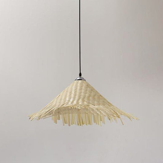 Asian Style Wood Straw Hat Pendant Lamp with Bamboo Hanging Light Fixture - 1 Bulb