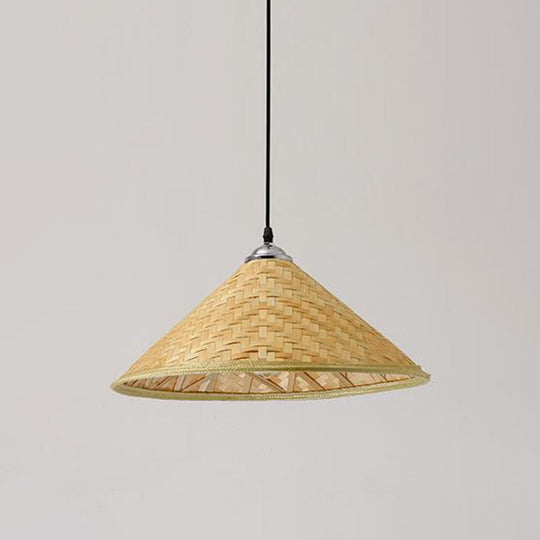 Asian Style Wood Straw Hat Pendant Lamp with Bamboo Hanging Light Fixture - 1 Bulb