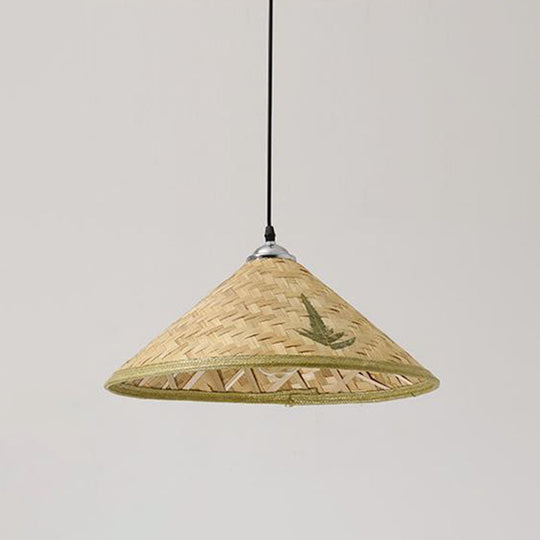 Asian Style Wood Straw Hat Pendant Lamp with Bamboo Hanging Light Fixture - 1 Bulb